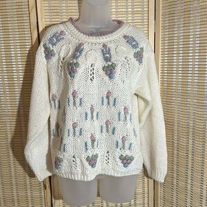 Cabin Creek Vintage 1990s Y2K Cream Embroidered Loose Knit Sweater Small